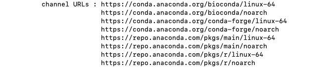 Section of &lsquo;conda info&rsquo; output listing configured channels.