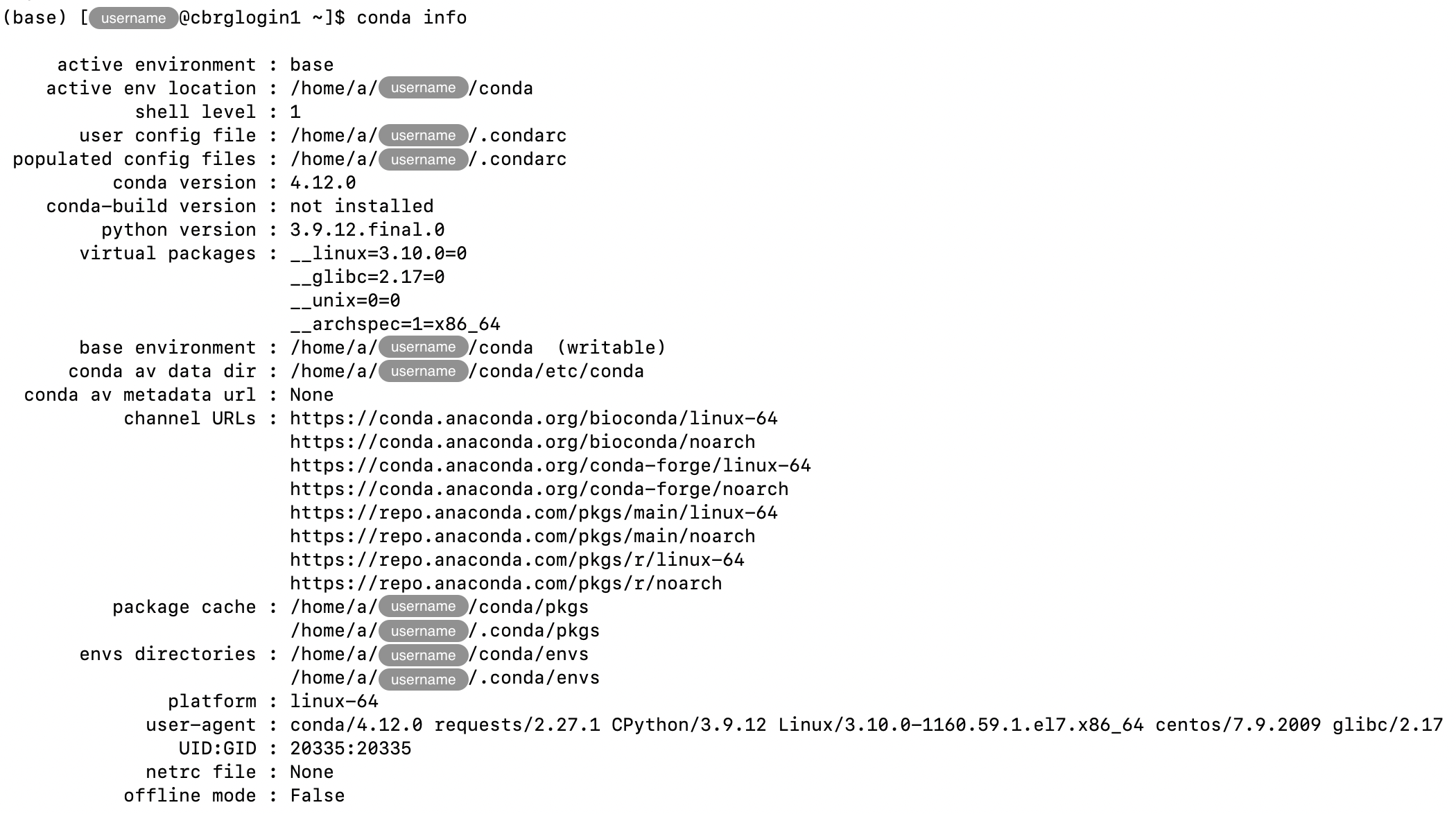 Example output of the <code>conda info</code> command.