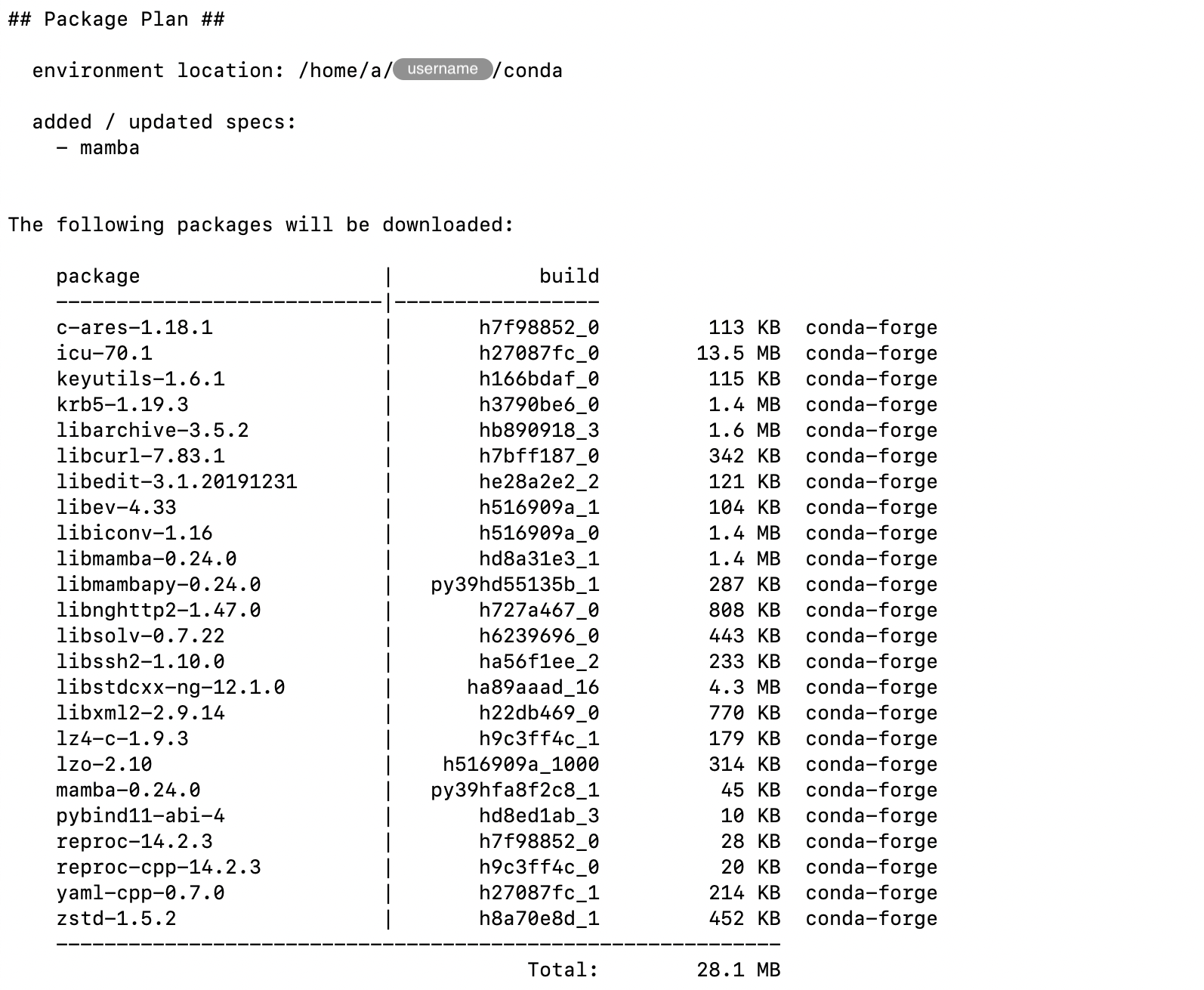 Extract of an example output for the &lsquo;conda install mamba&rsquo; command.