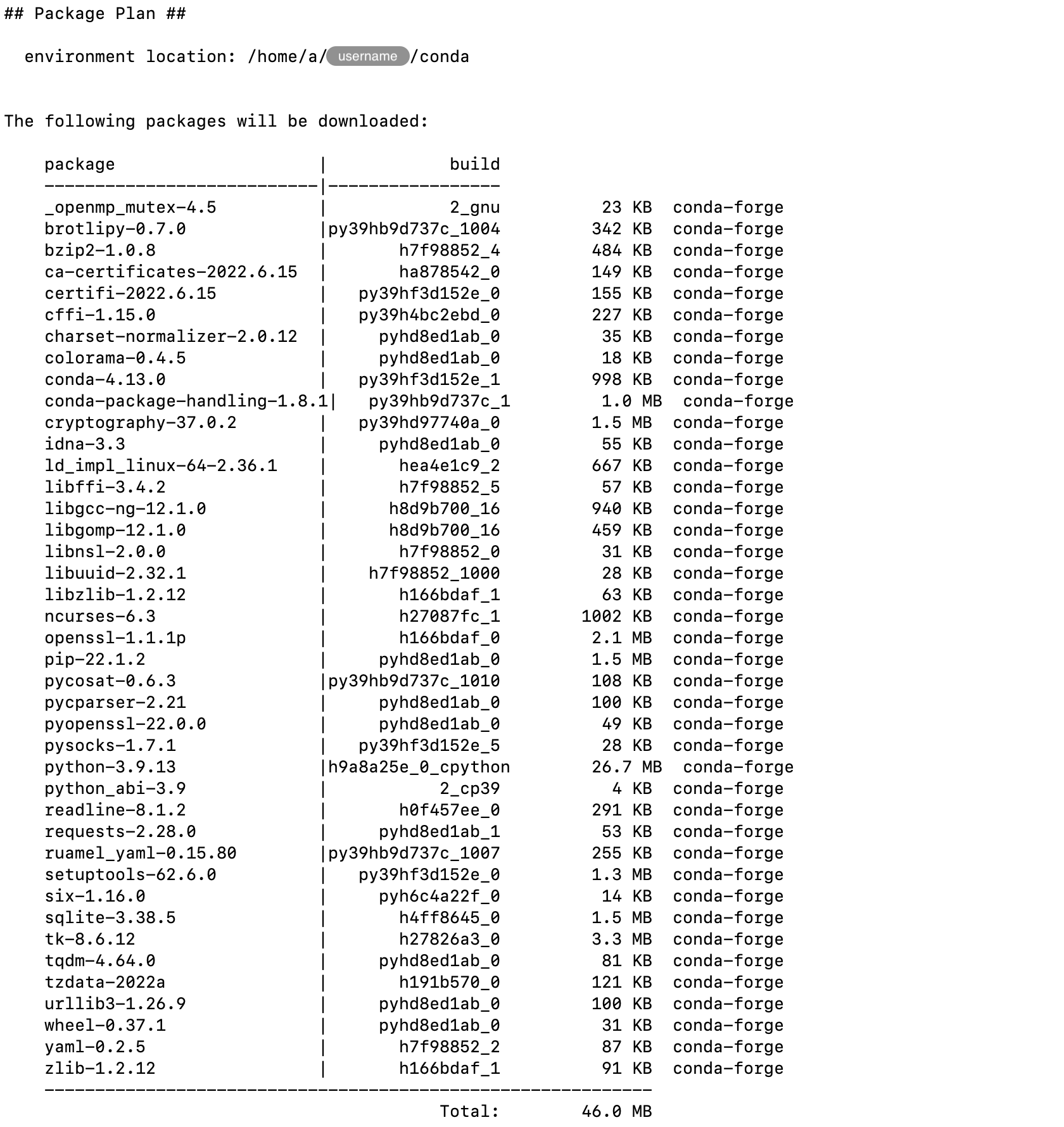 Example package plan for downloads produced by the &lsquo;conda update&rsquo; command.