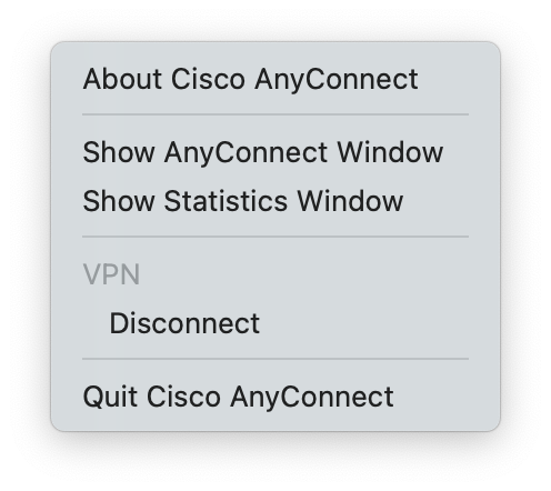 Cisco AnyConnect - Application menu while connected.