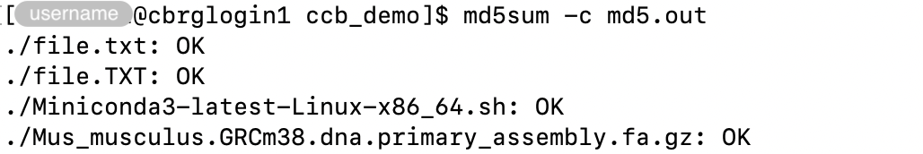 Output of the &lsquo;md5sum&rsquo; command run on file of MD5 sums.