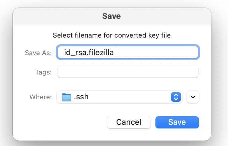 Prompt to choose a filename and location for the converted key file.
