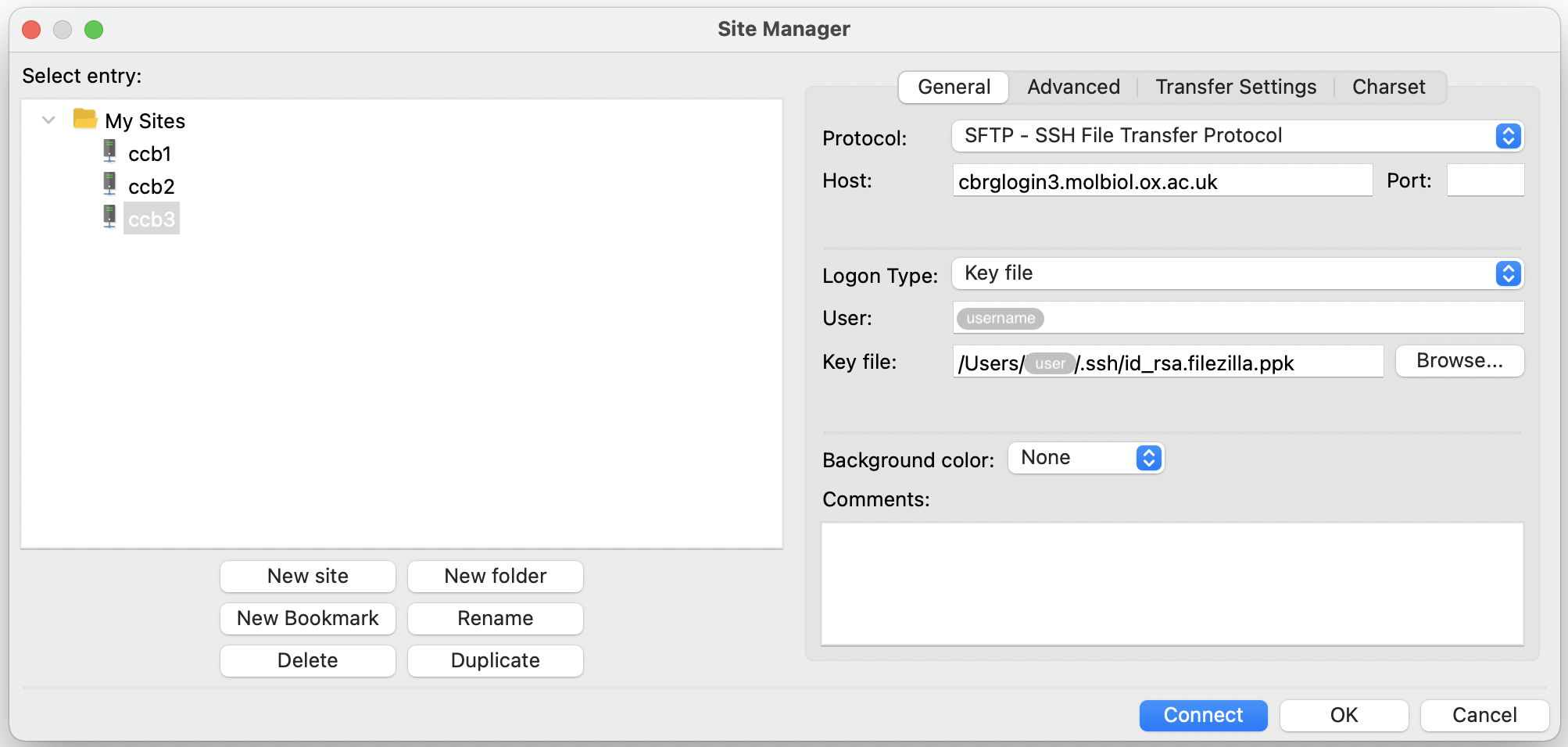 The FileZilla Site Manager.