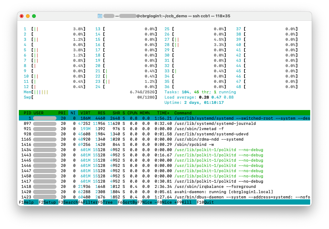Example output of the &lsquo;htop&rsquo; command.