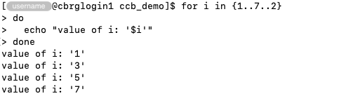 Use curly brackets to iterate over integer values with an increment greater than 1.