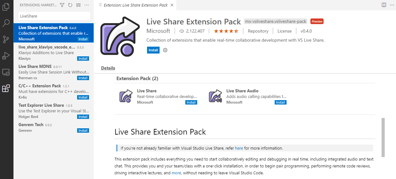 Install the &lsquo;Live Share Extension Pack&rsquo; extension.